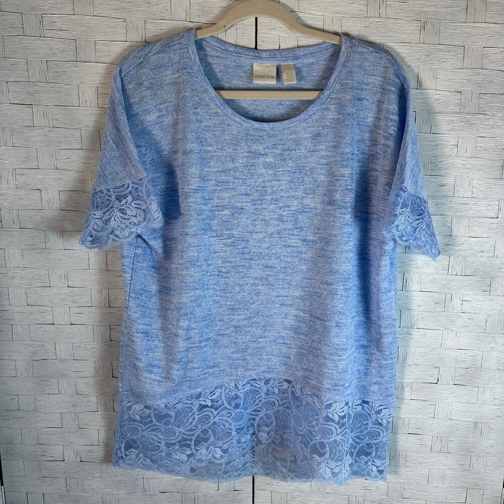 Chico’s womens Blouse Doman‎ lace sleeve hem sky blue coastal grandma feminine